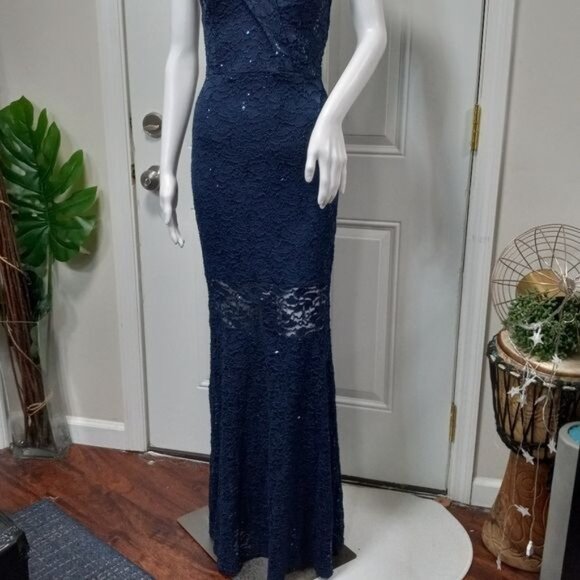NWOT Quiz Bardot Embellished Sequin Cocktail Formal Prom Gown Navy Blue 4 - Picture 5 of 12